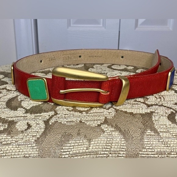 DONCASTER Red Leather Belt Multi Color Concho Charm Embossed  Made in USA - Picture 1 of 6